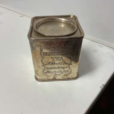 Vintage English breakfast tea silver plated square shape tin with lid