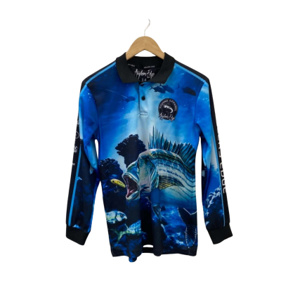 Anglers Edge Womens Size 14 Long Sleeve Shirt Black  / Blue Underwater Pattern