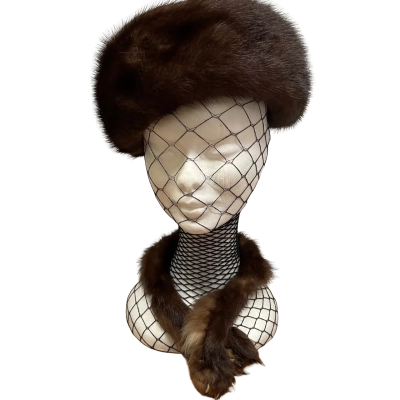  Vintage Chocolate Brown Fur Hat & Scarf