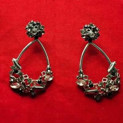 Women’s Earrings – Silver-Toned Teardrop Hoops with Black & Clear Stones