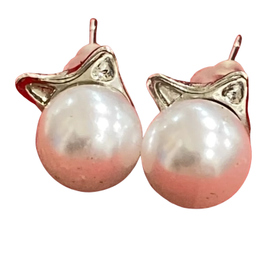  Womens cat’s ears faux pearl Earrings 7mm