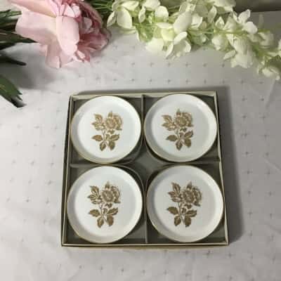 Wedgwood “Gold Tonquin” Set of 4 Floral Bone China Coasters (boxed)
