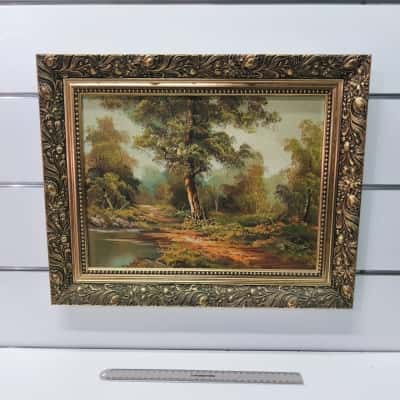 Vintage Sylvan Forest Path Oil Painting Signed Parker – Ornate Gold Frame