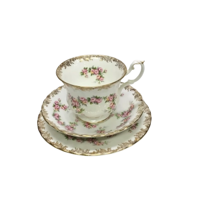 Three Piece Royal Albert “Dimity Rose” Bone China Tea Set With Gold Trim