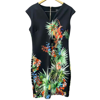 Frank Lyman Womens Size 10 Green Tropical Print Black Dress  