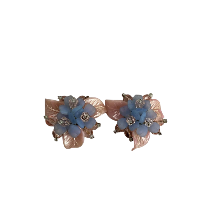 Vintage 1950s Floral Clip-on pink & blue Earrings 
