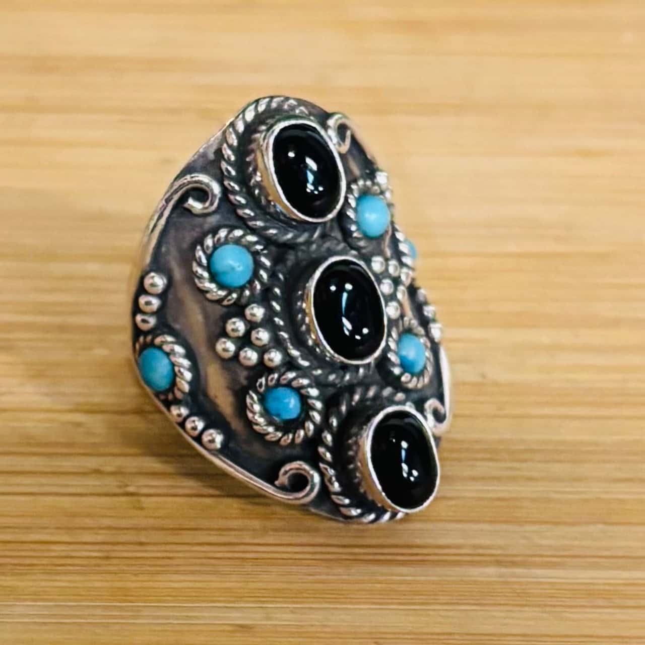 Aztec Style Rings Aztec Style Silver Ring With Turquoise & Black Design (Stamped 925)(s)