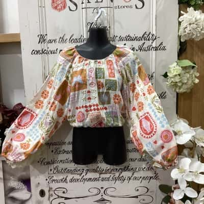 Sportsgirl Brand! BNWT RRP $69.95!! LINEN BLEND FLORAL PATTERNED ELASTICATED HEM AND CUFF BALLOON SLEEVE TOP! Womens  Size 6 Cropped Top / Long Sleeve Top Beige / Multicoloured / Pattern 