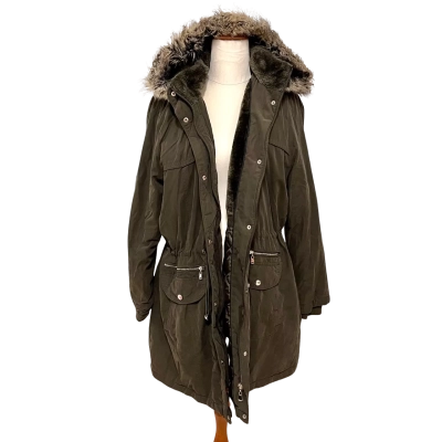 LC Waikiki Classic Khaki Hooded Parka Coat with Faux Fur Trim