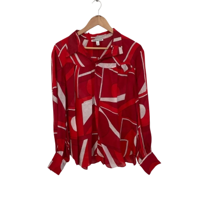 Country Road Linen Silk Womens  Size 8 Long Sleeve Top Red / White 