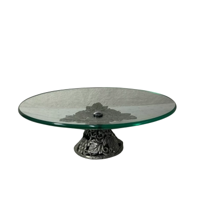 Clear Glass / Pewter Grape Leaf Design Pedestal Cake Stand