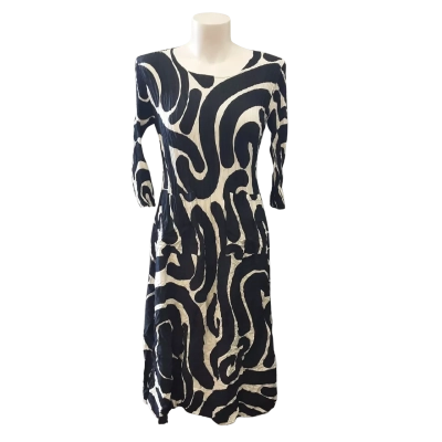  Womens  Alquema Size S Black  / White Hand Pleated Crinkle Pure Silk Midi Dress