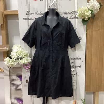 Atmos&Here Brand! BNWT THE SUKI COLLARED LINEN BLEND MINI BUTTON UP DRESS! Womens  Size 20 Midi Dress / Shirt Dress / Short Sleeve Dress  Black  