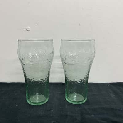 2x Vintage Coca Cola Green Pebbled Glasses