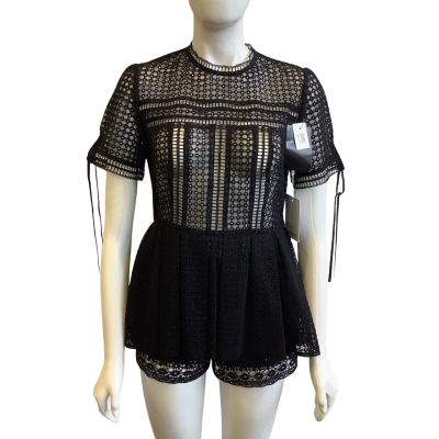 BNWT Self-Portrait Women's Size 12 Lace Peplum Tee Black 