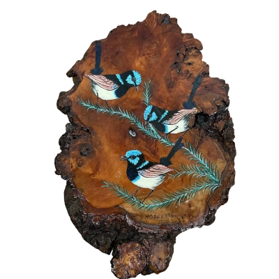 Polished Burl Wood Slice Painting - Superb Fairywrens