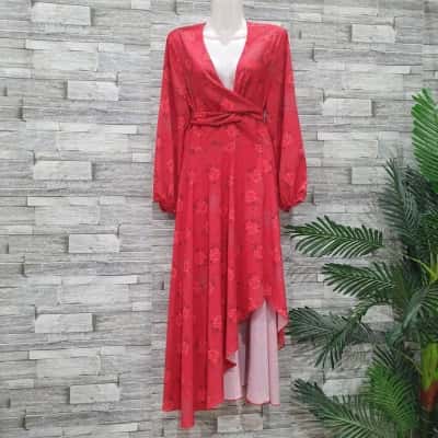 Pasduchas Womens  Size 12 Wrap Dress Black  / Burnt Orange / Floral / Red 