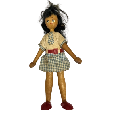 Vintage Jointed Wooden Doll with Original Style Checked Dress