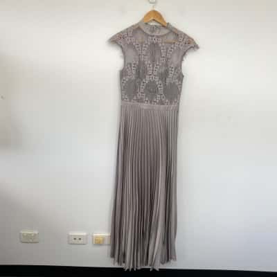 Grace Shart Grey Lace Pleated Maxi Dress Size 8 