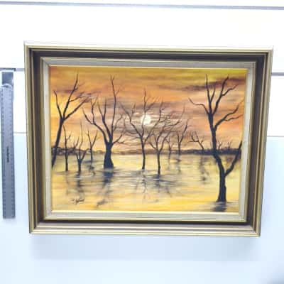 Vintage Signed Oil Painting Framed Australian Sunset Swamp Silhouette Artwork