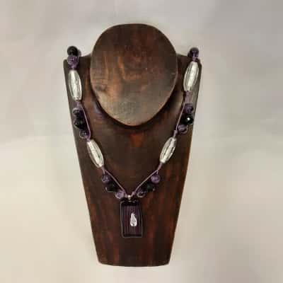 Womens Purple Handmade Necklace Featuring Distinctive Fused Glass Pendant Paired with Amethyst & Clear Beads 
