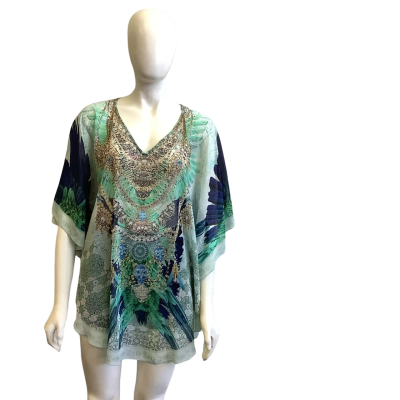 BNWT Serafina Women's Size M/L Blue Bird Crystal Circle Kaftan  Blue Print 