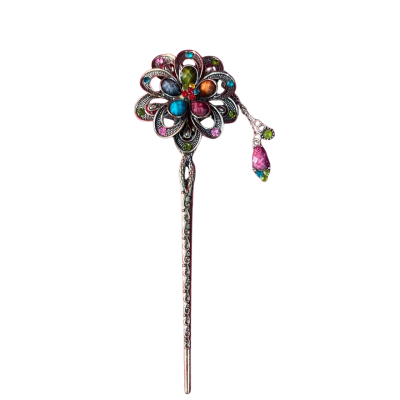  Women's Multicoloured Rhinestone Flower Hair Stick Gold Tone