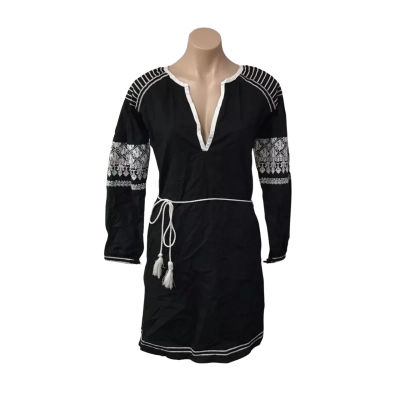 Valiante Womens Size 1 Black  / White Embroidered Pattern Long Sleeve Dress (new)