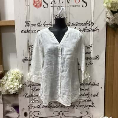Capture Brand! 100% LINEN V-NECK BUTTON UP 3/4 SLEEVE SHIRT! Womens  Size 8 3/4 Sleeve Shirt / 3/4 Sleeve Top White 
