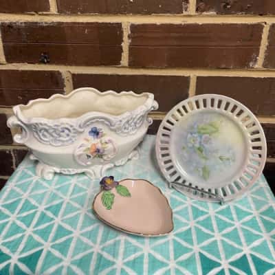 3 Vintage Ceramic Pieces - Trinket Dish, Small Hand Painted Plate & Vase / Planter