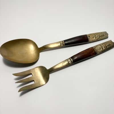 Vtg. 1960s Thai bronze and rosewood salad serving set (spoon and fork) from Siam (Thailand) 