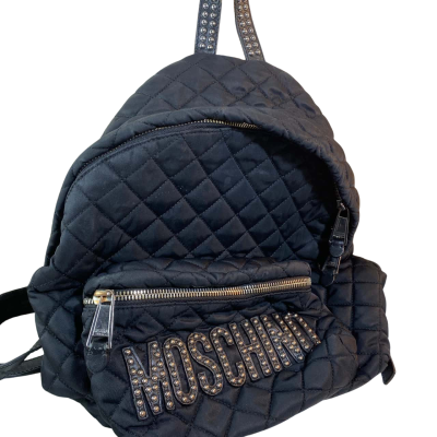  Womens  a black quilted nylon Moschino backpack with stud logo lettering
