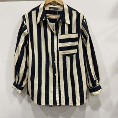  Womens  Size S Long Sleeve Shirt Beige / Navy Blue / Striped 