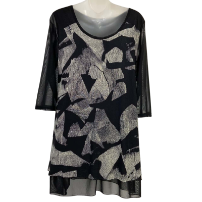 Lilia - Womens 3/4 Sleeve Black and White Abstract Print Tunic with Sheer Mesh Sleeves and Lining - Size: S - Black / White