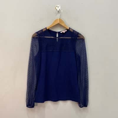 Review Womens  Size 8 Lace Sleeve Blouse Navy Blue 