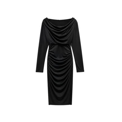 Fresh Soul Black Ruched Cowl Neck Midi Dress – Size 12