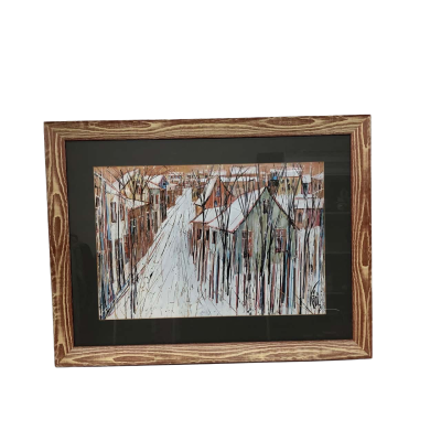 Kari '73  - Abstract Houses/Trees Scene Framed/Glass