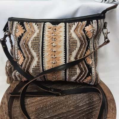Betts Womens Brown / Multicoloured that's black beige beaded crossbody bag with geometric patterns and secret accents on the front