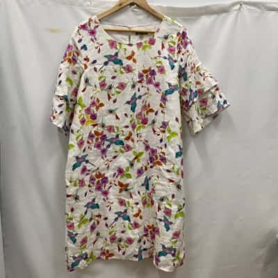 Yarra Trail Women's 100% Linen Dress Size 14 Floral / White 