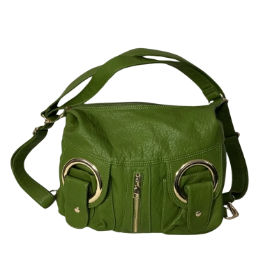 Womens Green Pebbled Shoulder Bag with Gold-tone Ring Fastening