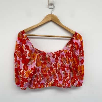 Mister Zimi Mia Caribbean Red Pink Floral Short Sleeve Crop Top  Size 14 