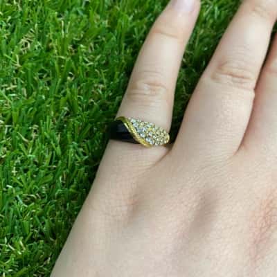  Womens Gold Tone Black Enamel and Diamanté Ring