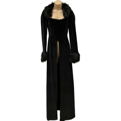  House of Widow Gothic Black Velvet Fur Trimmed Full Length Coat  Size S  