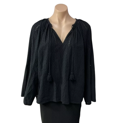 Seed Heritage Womens Size 10 Black Cut-out Embroidered Trim Long Sleeve Top 