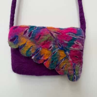 Handmade 100% Wool Felt Purple Flower Bag - Made in Nepal 
