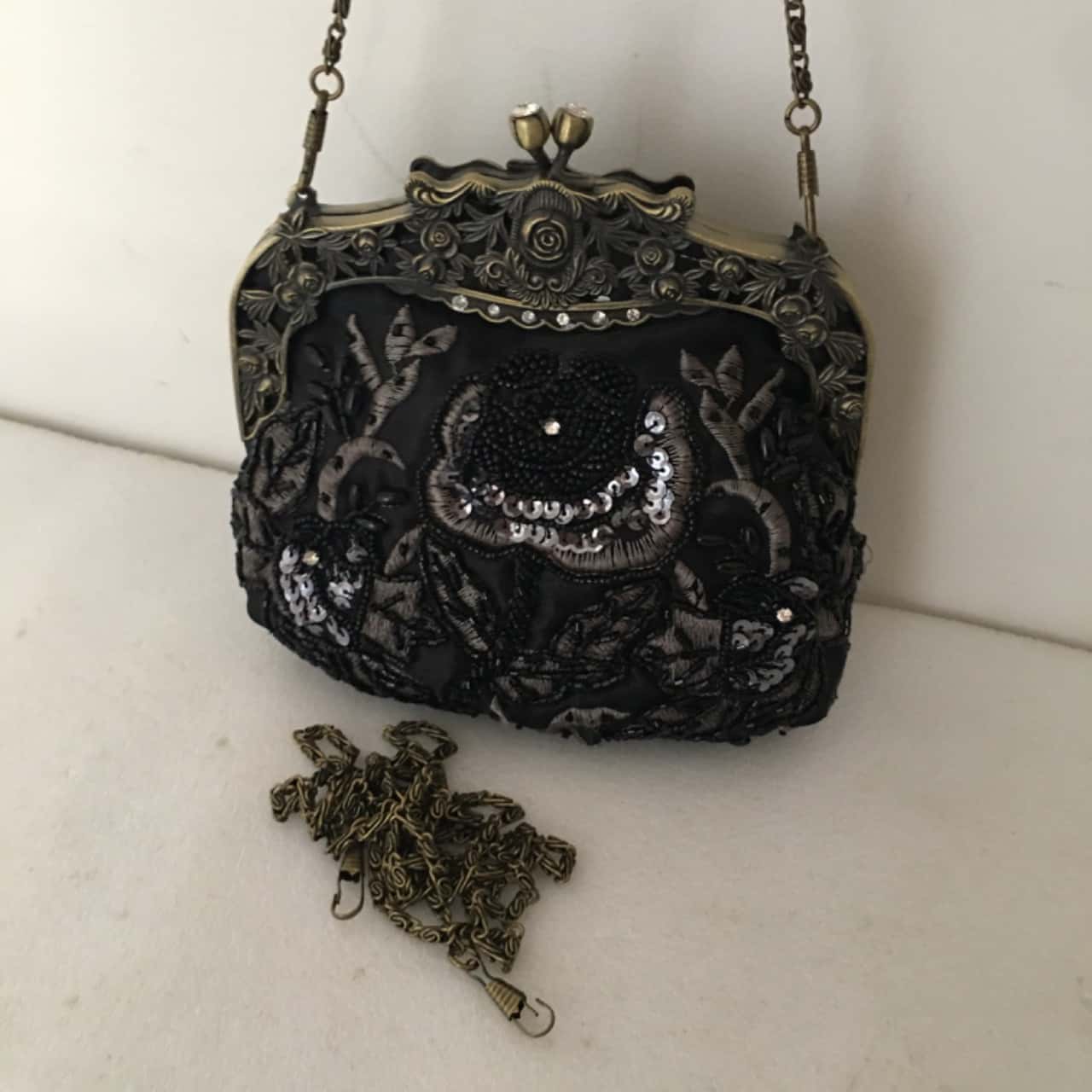 Vintage Black Beaded Seashell Evening Bag