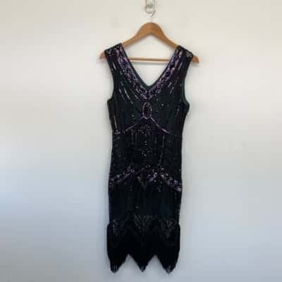 Black Sequin Sleeveless Evening Midi Dress  Size 12 