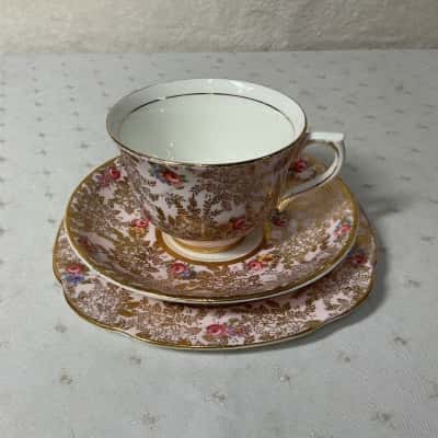 Vintage Colclough Pink / Gold Chintz Floral Pattern Cup Saucer & Plate