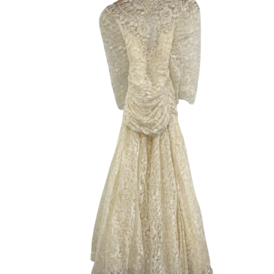  1970s Vintage  Size 12 Wedding Dress and Hat Cream / Off White 