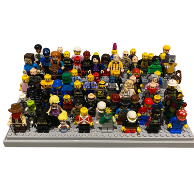 67 Assorted Lego Mini Figures in Display Case. (Less than $2.50 each ).  CABINET 